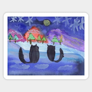 Feline Friends in the Snow, A Painting of Black Cats Sticker